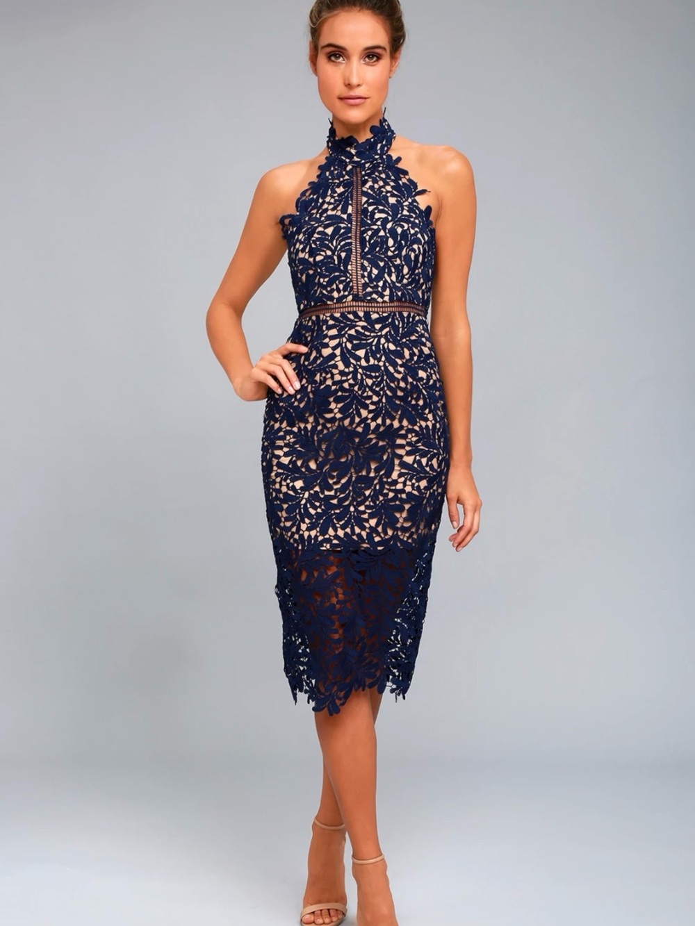 Lulus Divine Destiny Navy Blue Lace Midi Dress – Size Medium